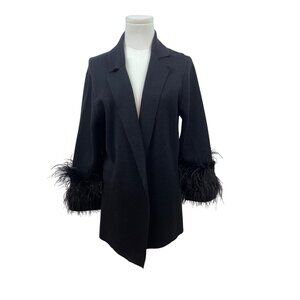 Kobi Halperin Womens Black Open Front Cardigan With Feather Trim Sleeves Size L